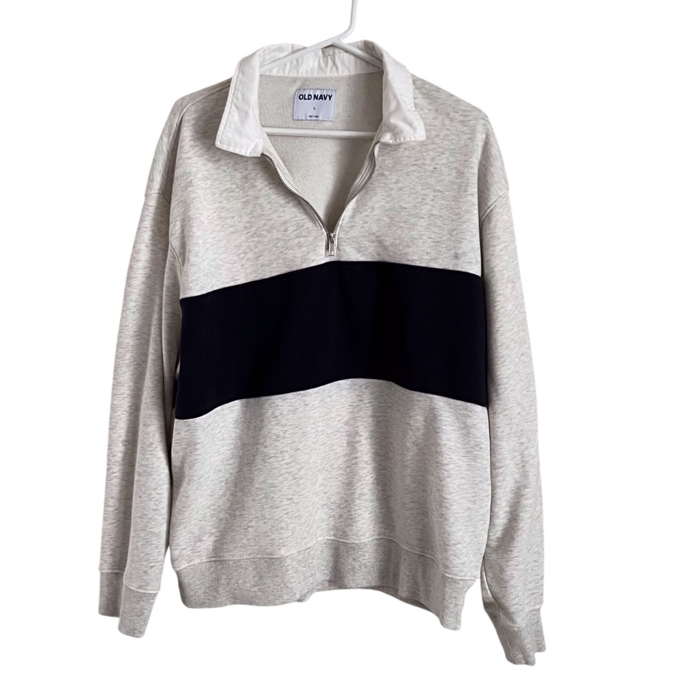 Old Navy Men’s Rugby Fleece Heathered Grey Navy Stripe Pullover Sweatshirt Large